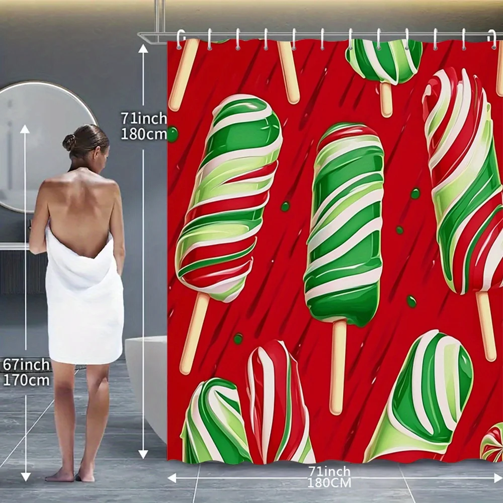 4pcs Ice Cream Bathroom Set, Includes Printed Shower Curtain with Hooks, Non-Slip Mat, 12 Plastic Toilet Lid Covers & Rugs