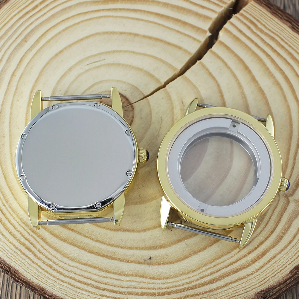 الذهب PVD 42 مللي متر حافظة ساعة من الفولاذ المقاوم للصدأ الياقوت كريستال الساعات اكسسوارات ل Eta2824 PT5000 34.5 مللي متر الطلب انظر من خلال الظهر