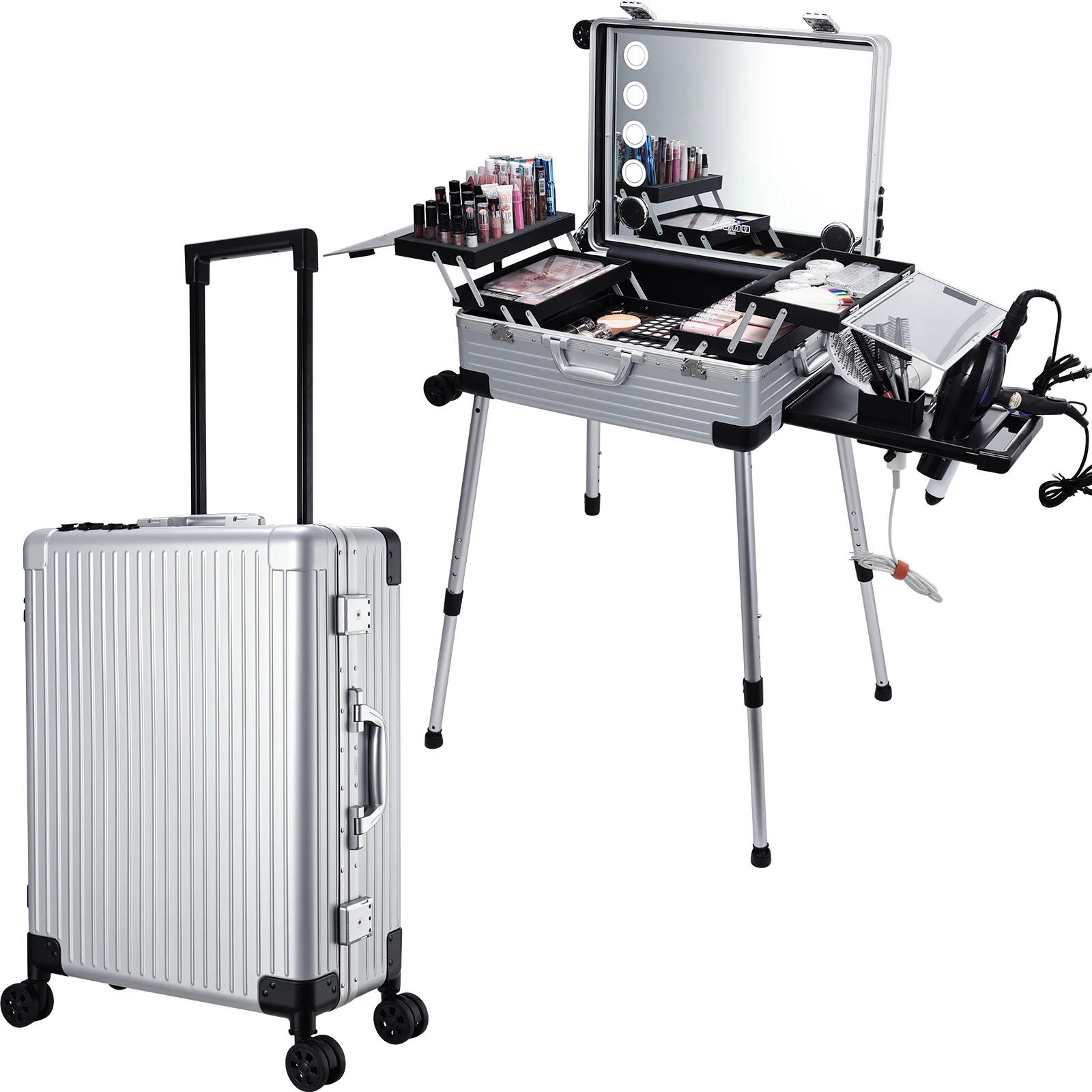 

24-дюймовый полноэкранный косметический ящик с зеркалом с подсветкой, Bluetooth-динамик, чехол для макияжа на колесиках, алюминиевая парикмахерская станция для парикмахерской