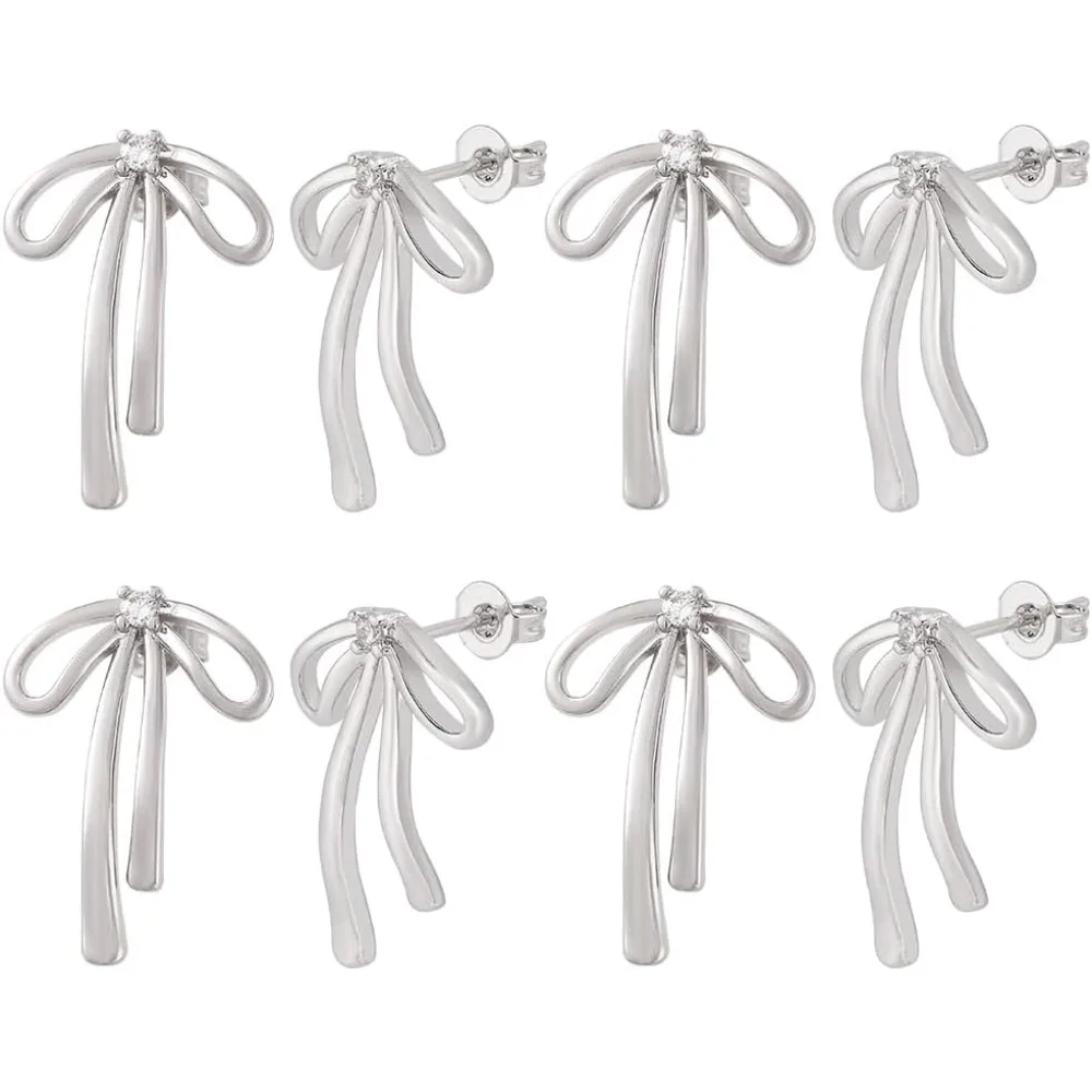 

4 Pairs Cubic Zirconia Bow Stud Earrings Brass Earring Findings Ear Studs for DIY Earrings Craft Jewelry Making 0.86x0.6 Inch