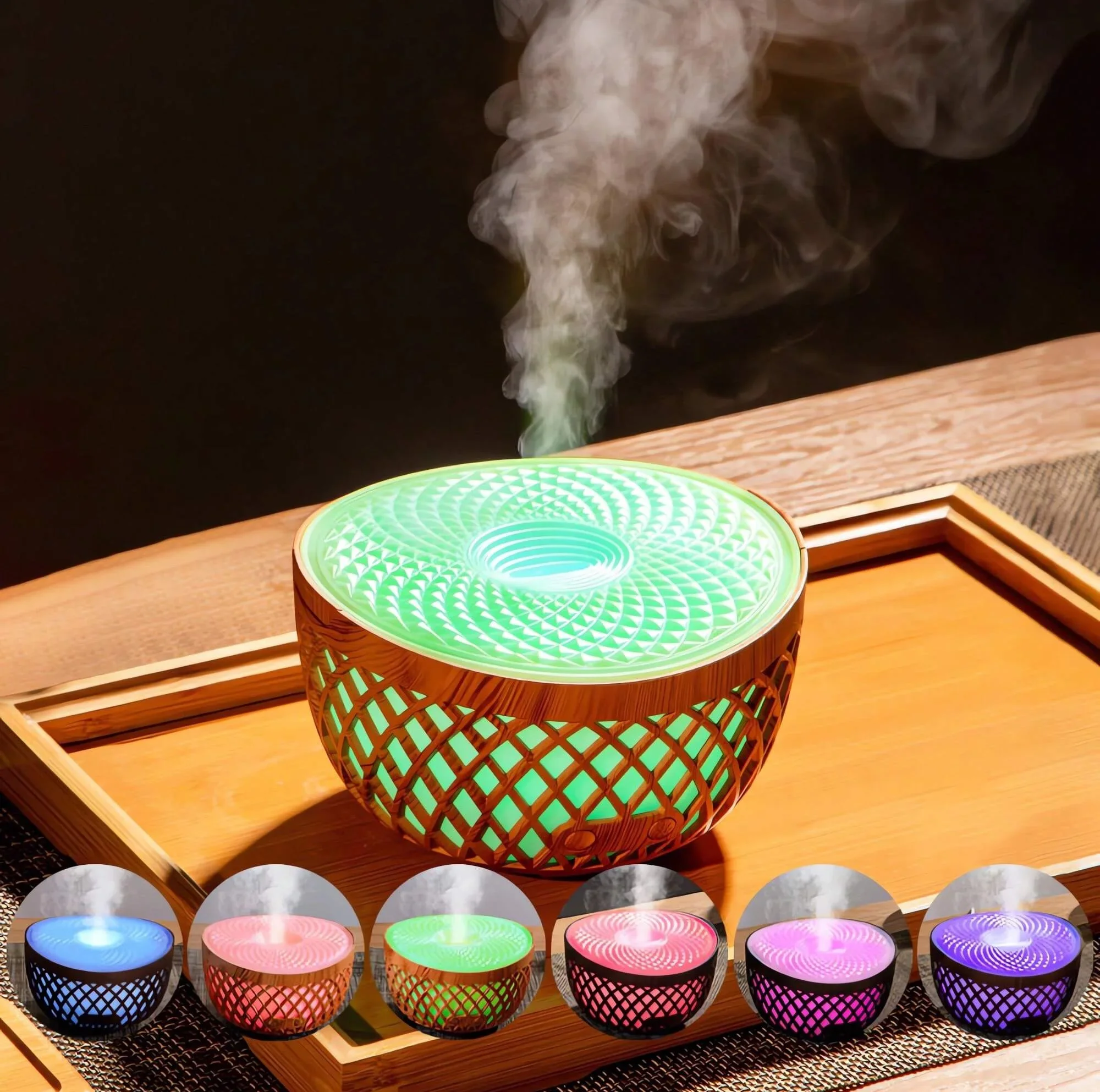 

2024 New Wood Grain Hollow Aromatherapy Machine Colorful Lights Can Be Add to Essential Oils Bedroom Charging Small Night Light