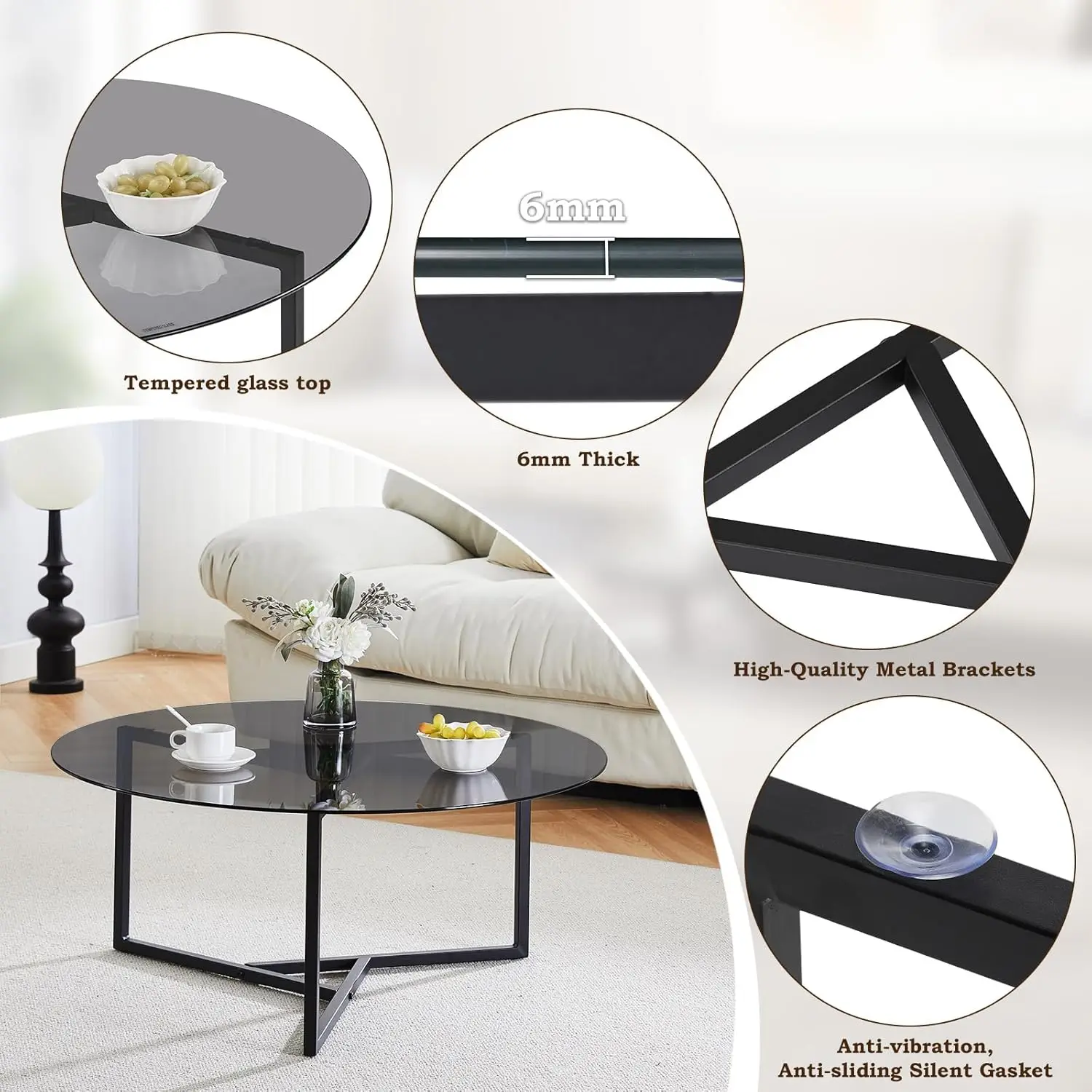 โต๊ะกาแฟกระจกนิรภัยทรงกลม โต๊ะตกแต่งบ้านสไตล์โมเดิร์นพร้อมโครงโลหะ โต๊ะกลางสไตล์มินิมอลสำหรับห้องนั่งเล่น เตียง