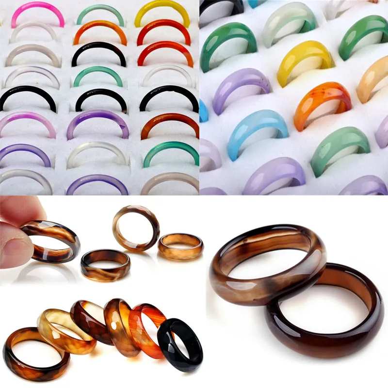 Wholesale 50pcs Natural Stone Agates Rings High Quality Texture Gem Finger Individuality Unisex Ring Jewelry