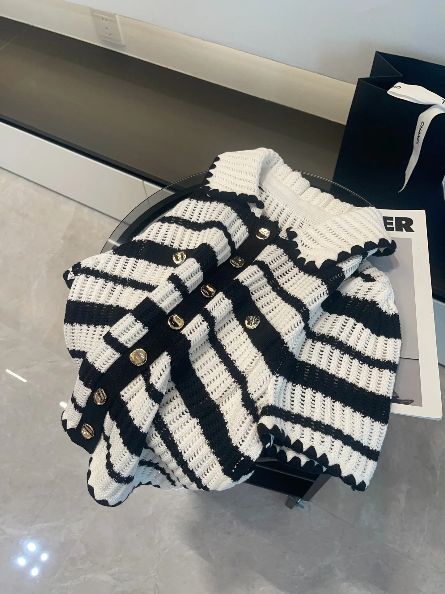 

Bla White Stripes Collar ort Sve Knitted Open Cardigan Top Early Autumn New Sle Loose Fit Regular Sve Length