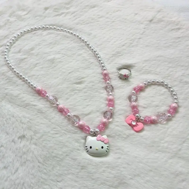 

3 Pcs Kawaii Sanrio Hellokitty Pink Makes People Love Kitty Cat Necklace Bracelet Set Cool and Childlike Hot Girl Soft Girl