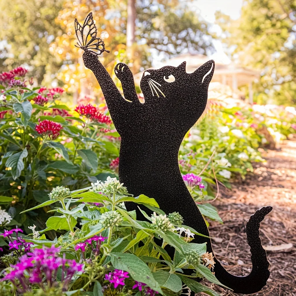 metal Cute Cat Garden Decorative, Cat Family Garden Stakes Decorative Silhouette Animal Outdoor Statues for Cat Yard Garden Lawn