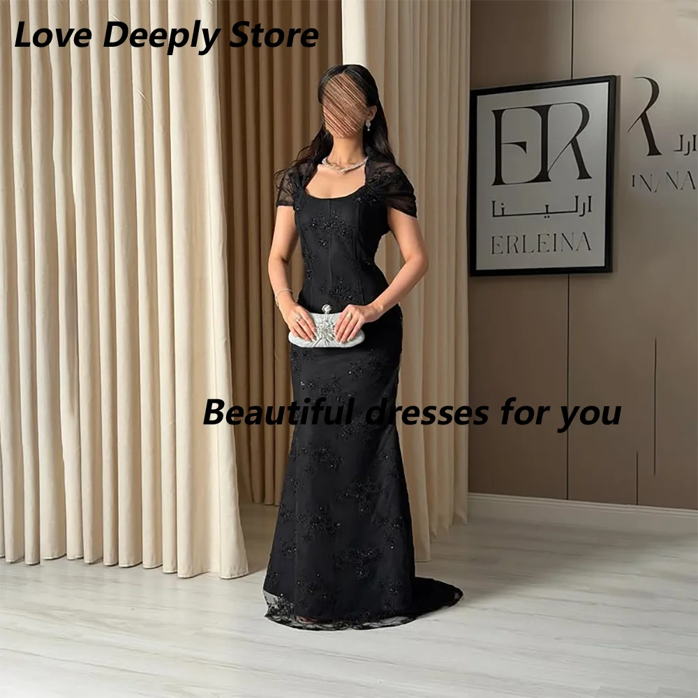 Schwarzes Satin-Abendkleid mit Spitze, quadratischem Ausschnitt, kurzen Ärmeln, Perlen, Meerjungfrauen-Stil, formelles Partykleid, bodenlanges Ballkleid, individuell anpassbar