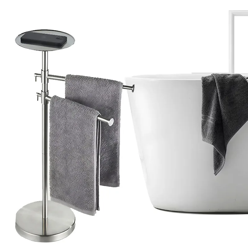 Freestanding Towel Rack Swivel Extendable 2‑Bar Brushed Stainless Steel Standing Towel Holder with Top Storage Tray for Bathroom