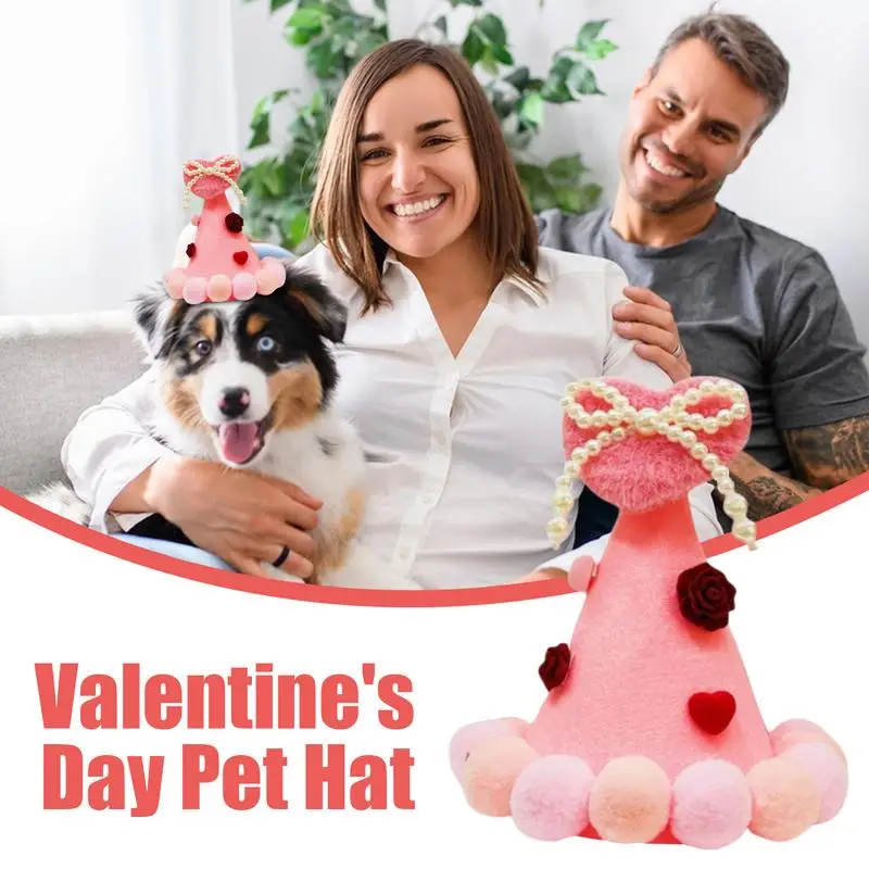 Valentines Dog Hat Pink Heart Cat Hat With Plush Balls Holiday Headwear Photo Props Fun Pet Dress-Up Clothing For Memorable