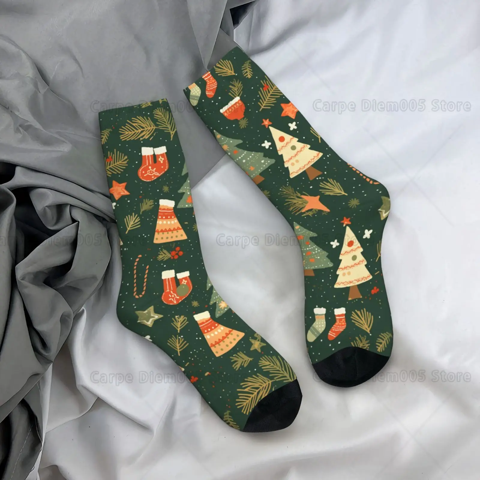 Festive Christmas Tree Print Crew Socks, Breathable Polyester Blend, Perfect Holiday Gift Men Socks Print