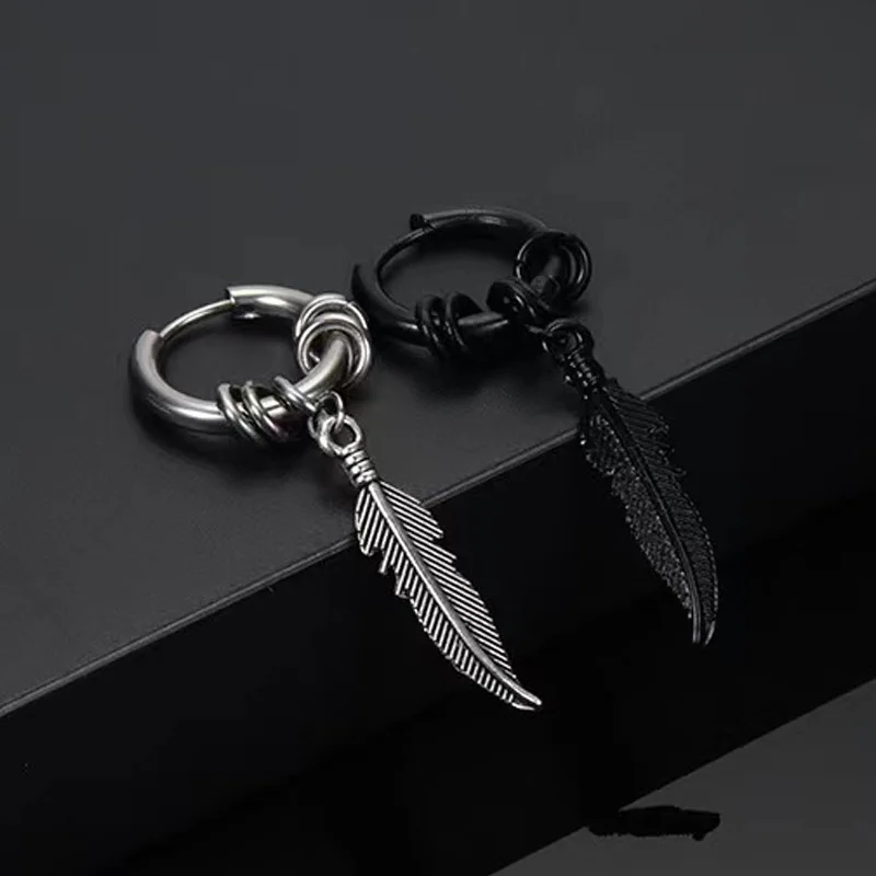 2pc korean Fashion Cross feather Stud Earrings Punk Rock Style For Women men High Quality Stainless steel Hiphop Ear Jewelry