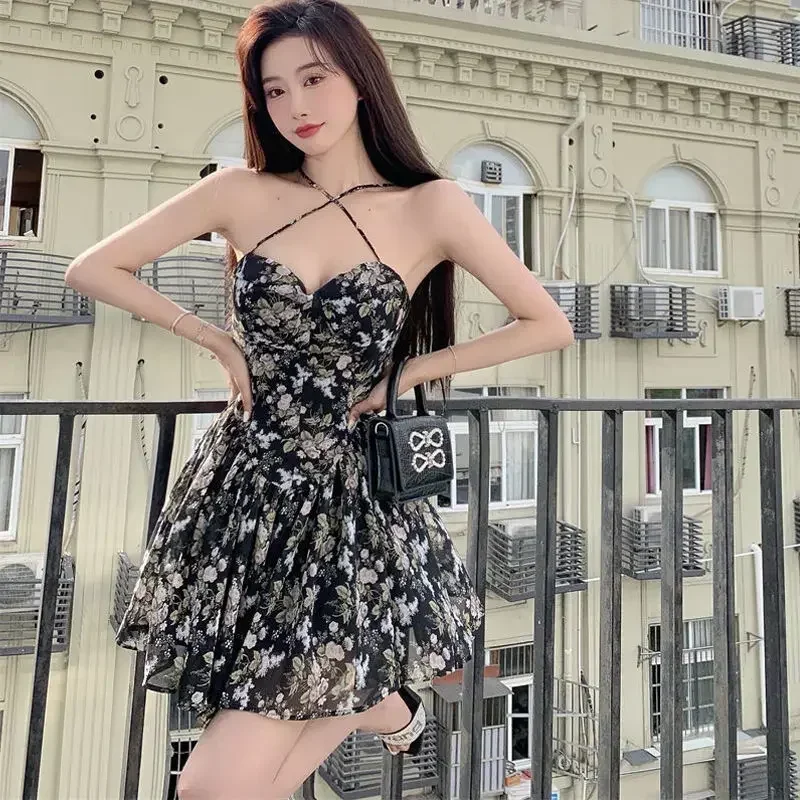 Abito sottoveste floreale da donna Mini fasciatura vintage in chiffon senza maniche Abito da spiaggia estivo Stile coreano Kawaii Harajuku