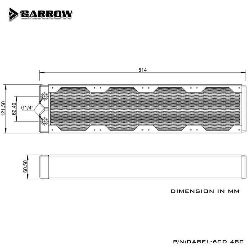 Permutador de cobre do dissipador de calor do radiador do carrinho de mão 60mm thick480mm para o refrigerador Dabel-60d do ventilador da dissipação de calor de refrigeração de água