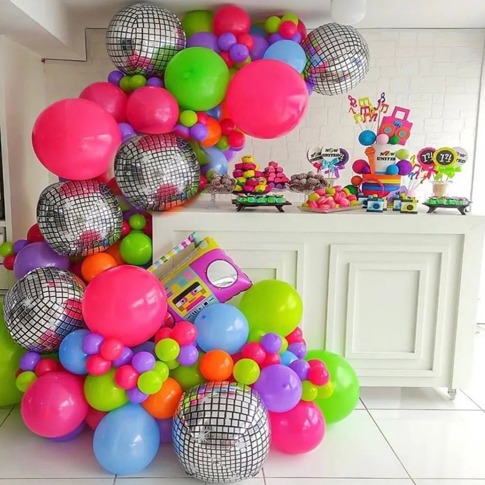 119/121pcs 90s 80s Theme Disco Party Decoration Disco Balloons Colorful Balloon Arch Garland for Back to 80s 90s Birthday Supply