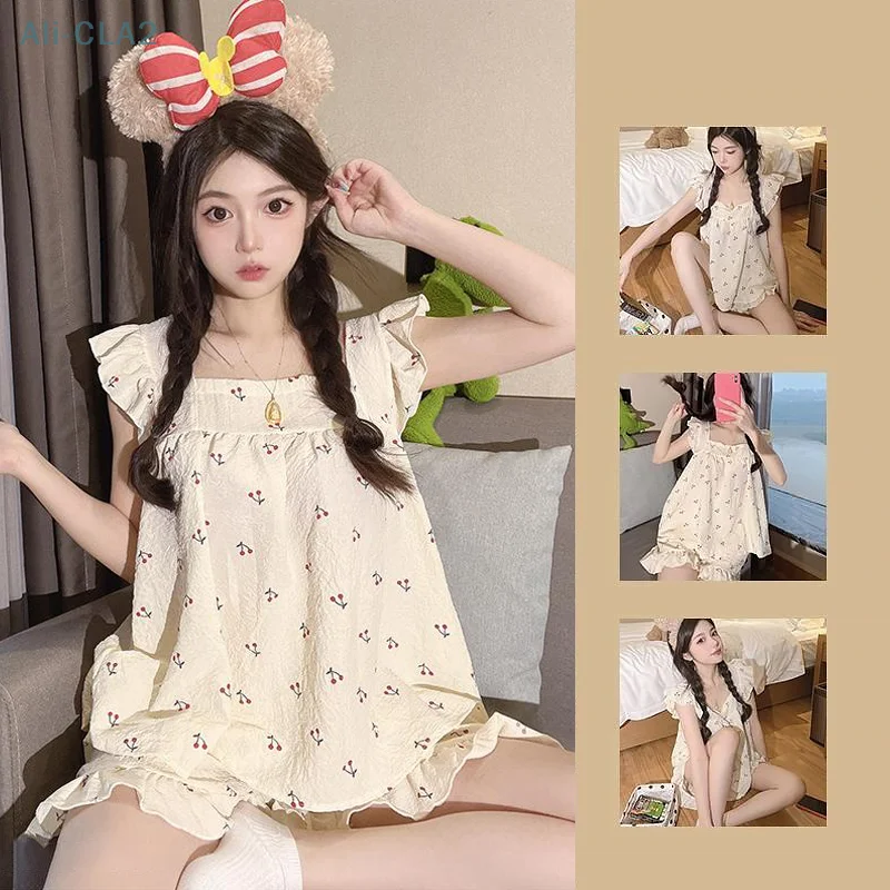 

Two-piece Pajamas Cherry Printed Flying Sleeve Tops And Shorts Casual Home Wear