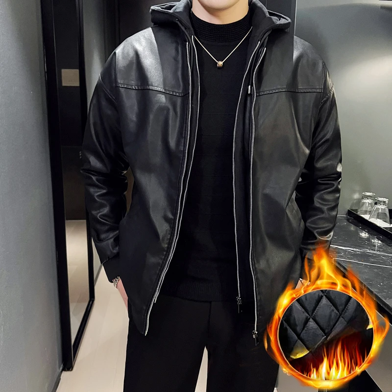 

Double-layer Thicken Warm PU Jacket Top Men Loose Windproof Waterproof Hooded Outerwear Spring Fall Male Motorcycle Leather Coat