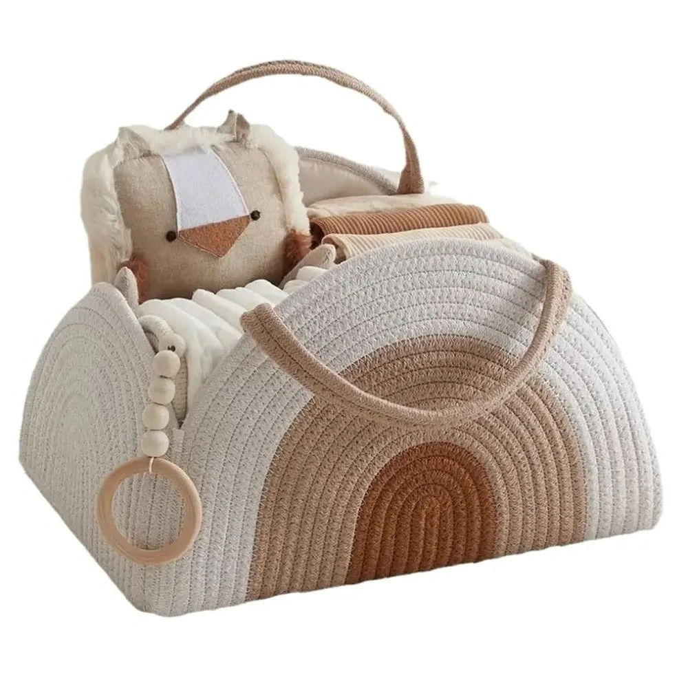 Woven Cotton Rope Baby Diaper Organizer, Large Capacity Portable Diaper Basket, Newborn Essentials Storage Bag for Baby Supplies