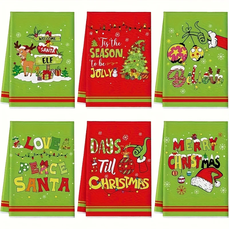 Festive Christmas Kitchen Towel 6-piece set, green and red hand towels, festive design with the words 