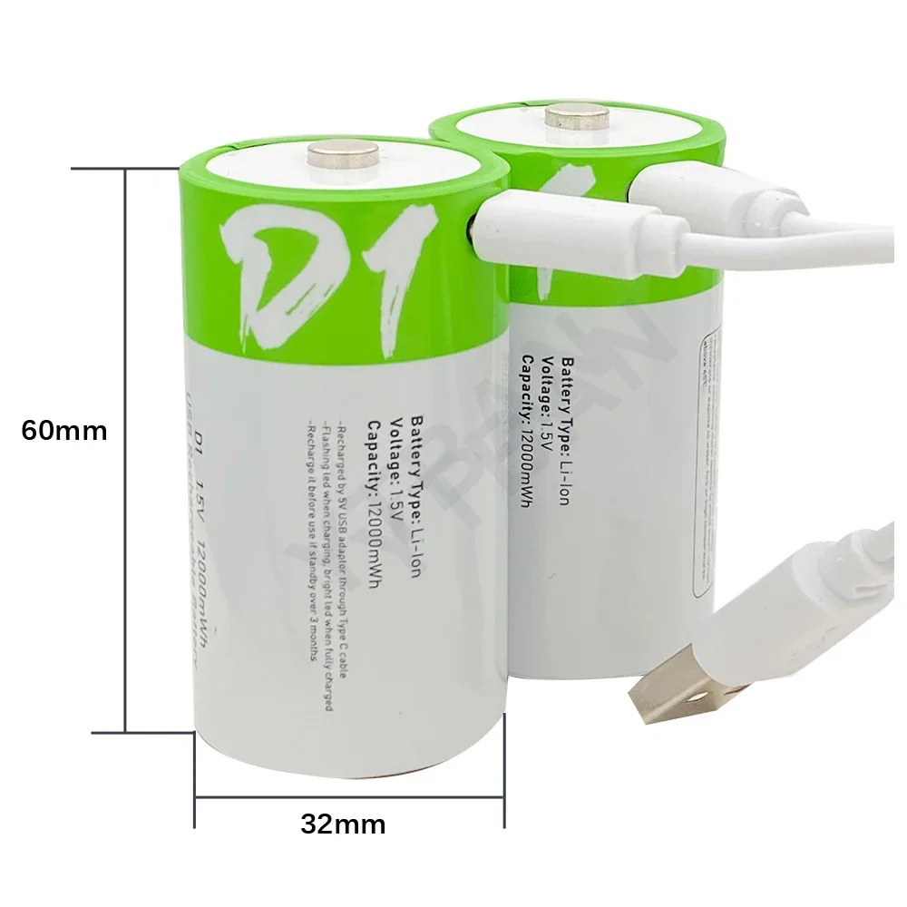 4PCS 1.5V LR20 12000mWh D Size Rechargeable Lithium Battery with Type-C Charging Cable, for Gas Stoves and Water Heaters