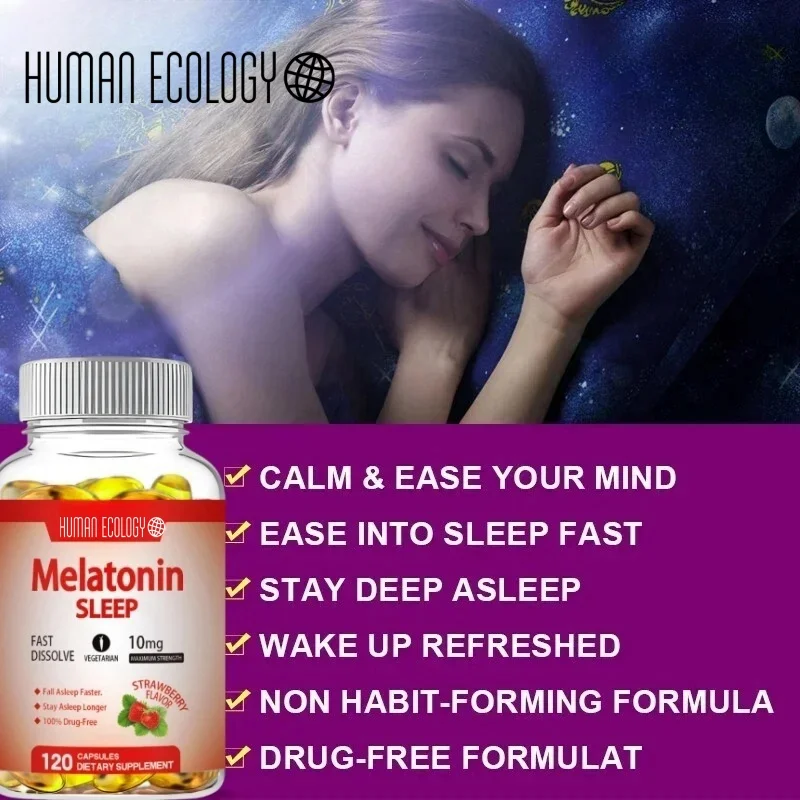 Melatonina de ecología humana 10 mg, suplemento dietético para el sueño, 120 cápsulas con sabor a fresa, contiene melatonina - Dormir saludable