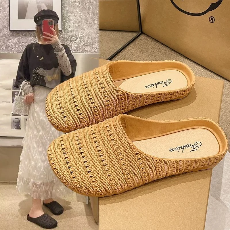 

Дышащие тканые женские сабо в римском стиле, сандалии без шнуровки на плоском каблуке из ПВХ, удобная повседневная одежда Summer oes