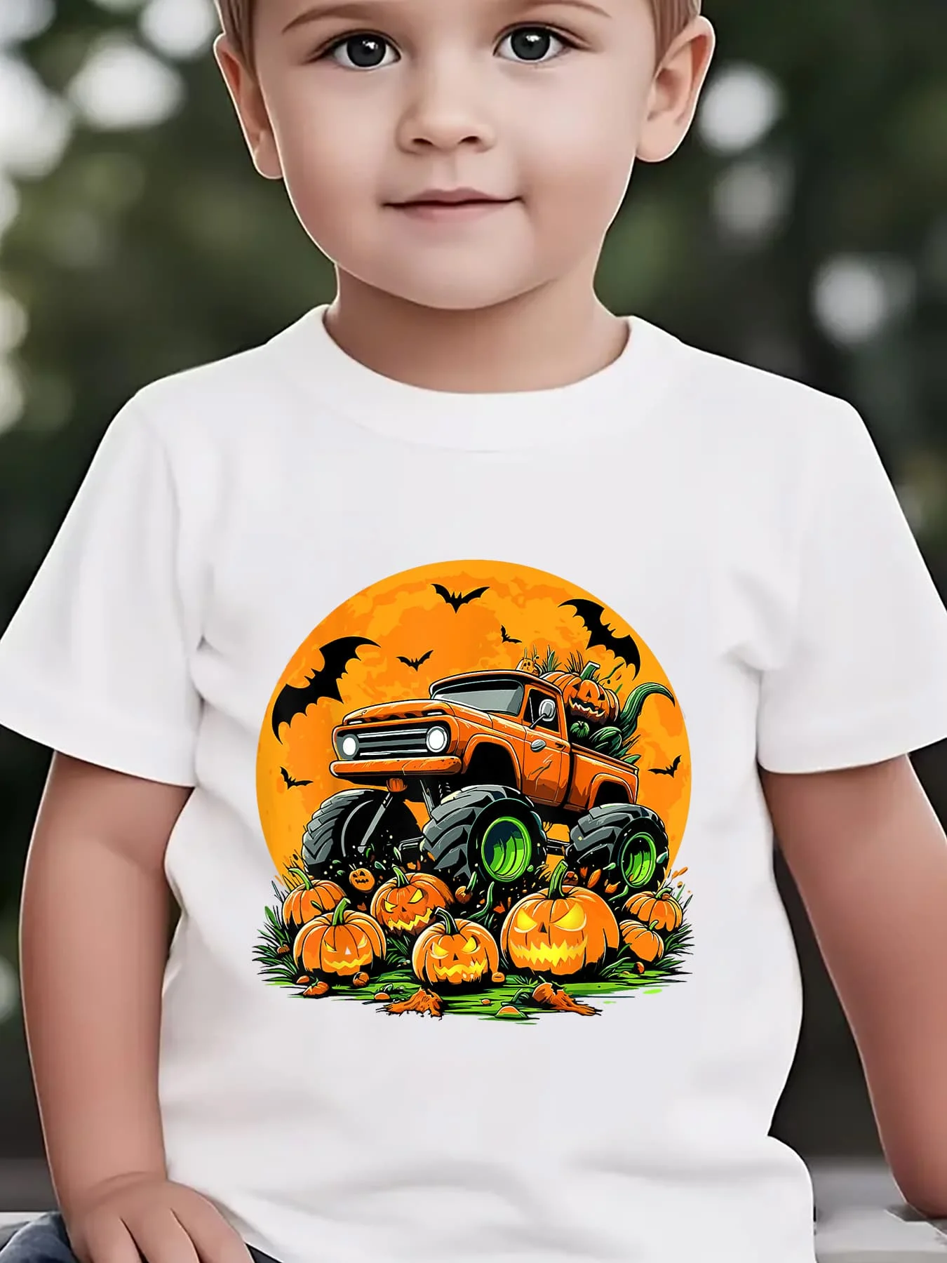 Kids Halloween Monster Truck Pumpkin Bat Graphic Tee Boys Girls Family Matching Short Sleeve Holiday Cartoon Casual Wear T Shirt