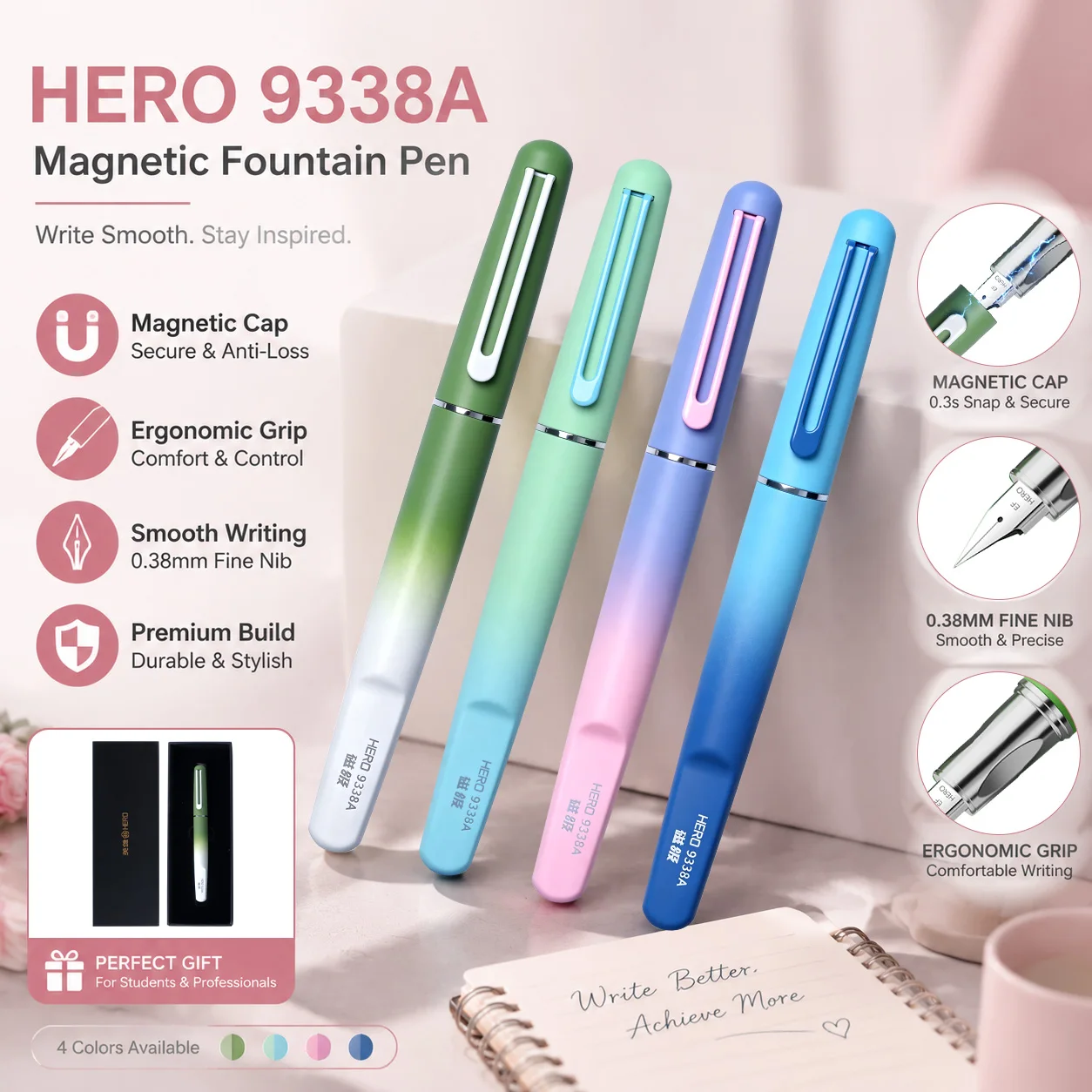 HERO 4-Farben-Farbverlauf-Tintenfüllfederhalter für Kinder, Studenten, Kalligraphie-Anfänger, magnetische Kappe, ausgefallener Farbstift, Schul- und Bürobedarf