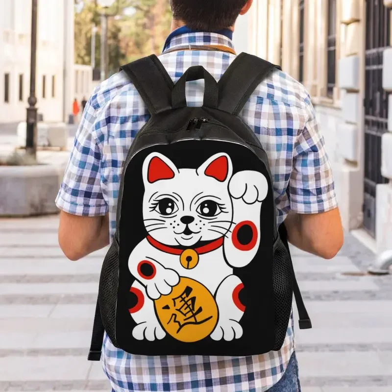 Japonés Maneki Neko Waving Lucky Cat mochila para hombres y mujeres, resistente al agua, escuela, universidad, bolsa de libros estampada