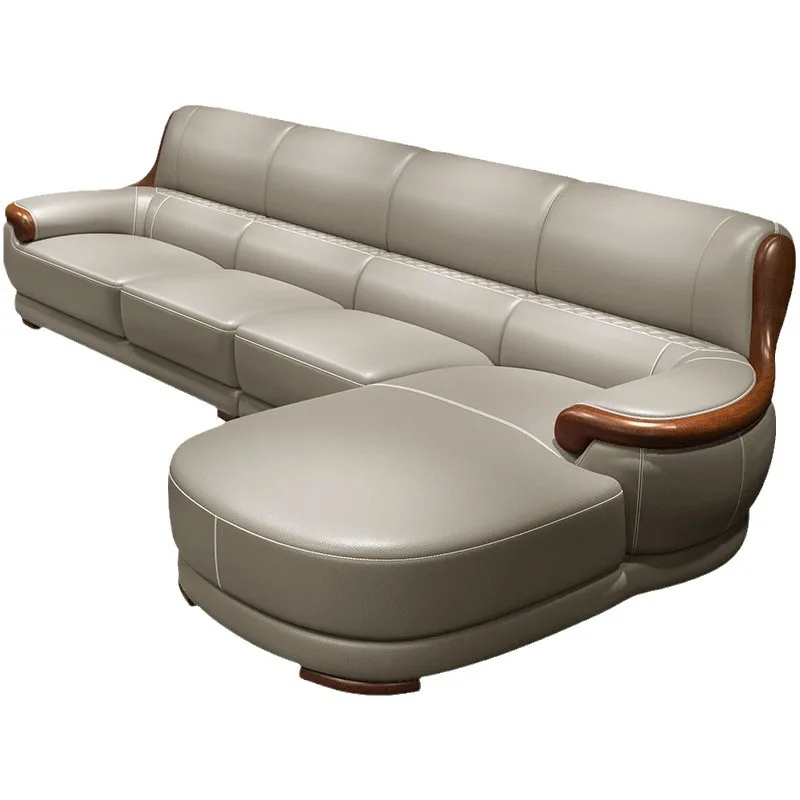 

Nordic ash wood leather sofa modern simple first layer cowhide living room furniture hardcover