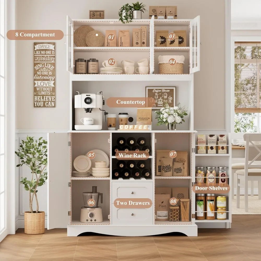 خزانة مخزن طويلة بطول 70 بوصة، وخزانة مطبخ مع حامل ميكروويف، وخزانة تخزين المطبخ الحديثة مع درجين ورف النبيذ المدمج