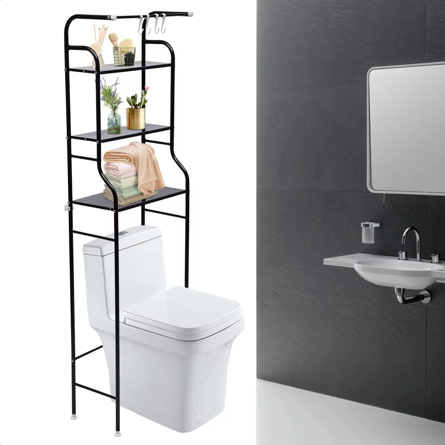 

New Black Metal 4-Tier Over The Toilet Rack Space Saver Organizer Bathroom