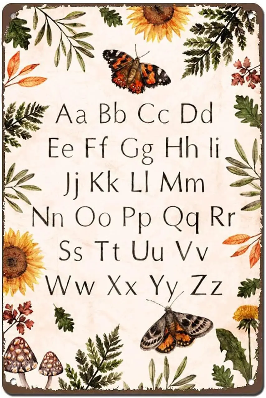 Vintage Wall Decor Alphabet Art,Nature,Educational Poster,Nursery,Kids Rooms,ABC,Alphabet Retro Tin Signs,Kitchen Decor Vin sign