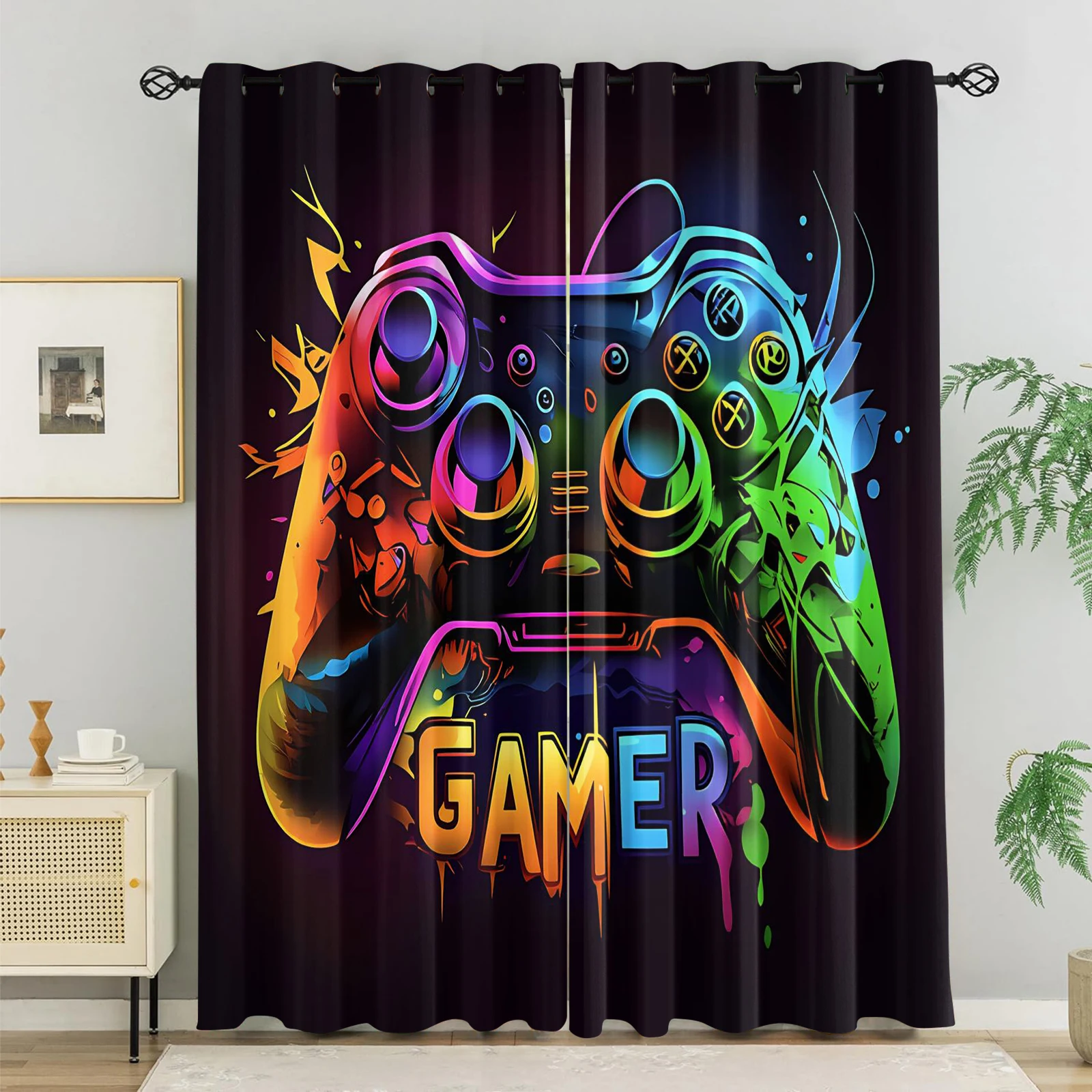 Fashion Rainbow Splash Gradient GAMER Game Controller Blackout Curtain 2Pcs Set, Street Graffiti Arcade Gaming Window Drapes