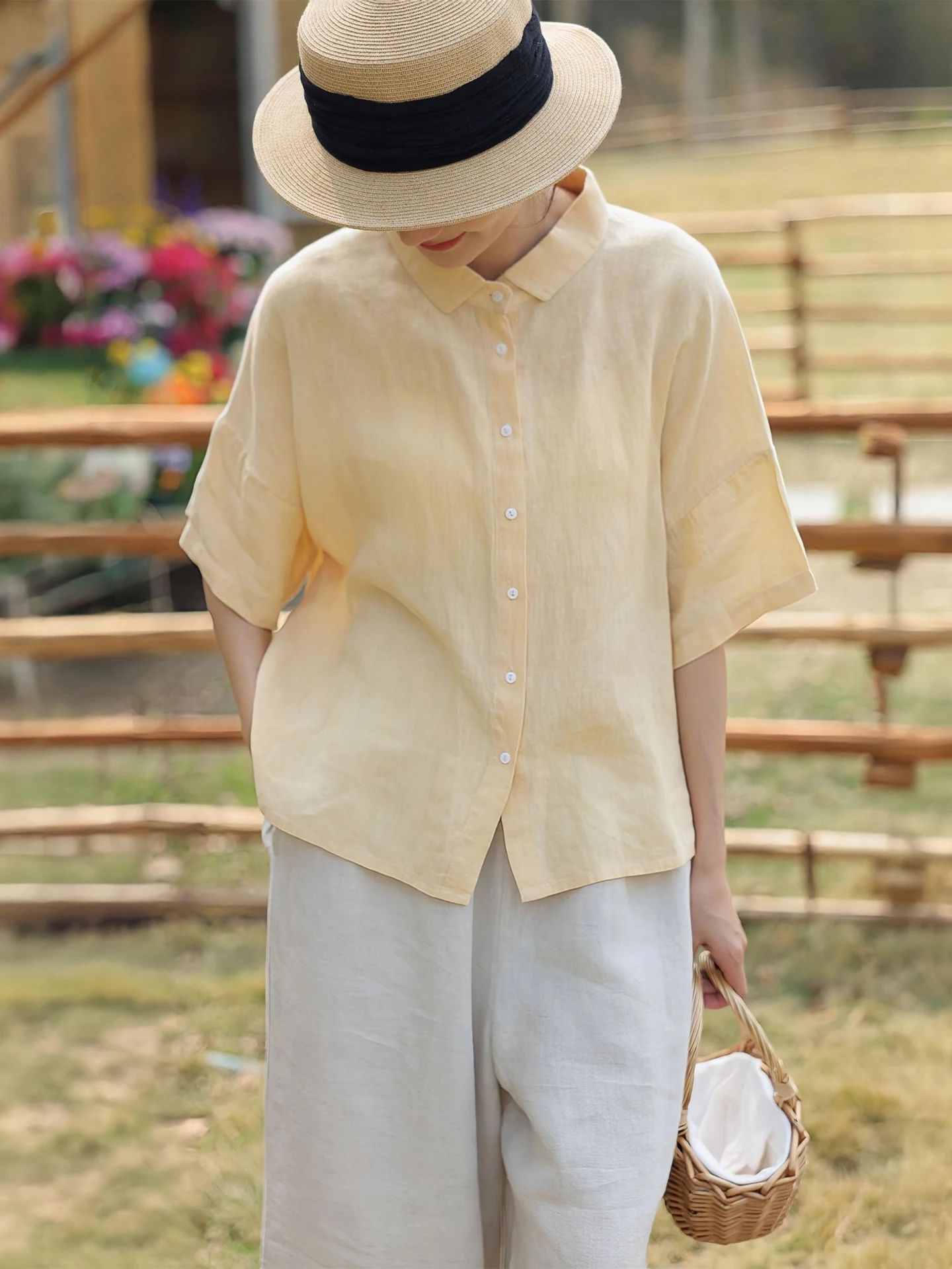 

Natural Linen Loose Short Sleeve Shirt Women's Summer Breathable Slimming Commute Casual Cotton Linen Top Loose Fit Style