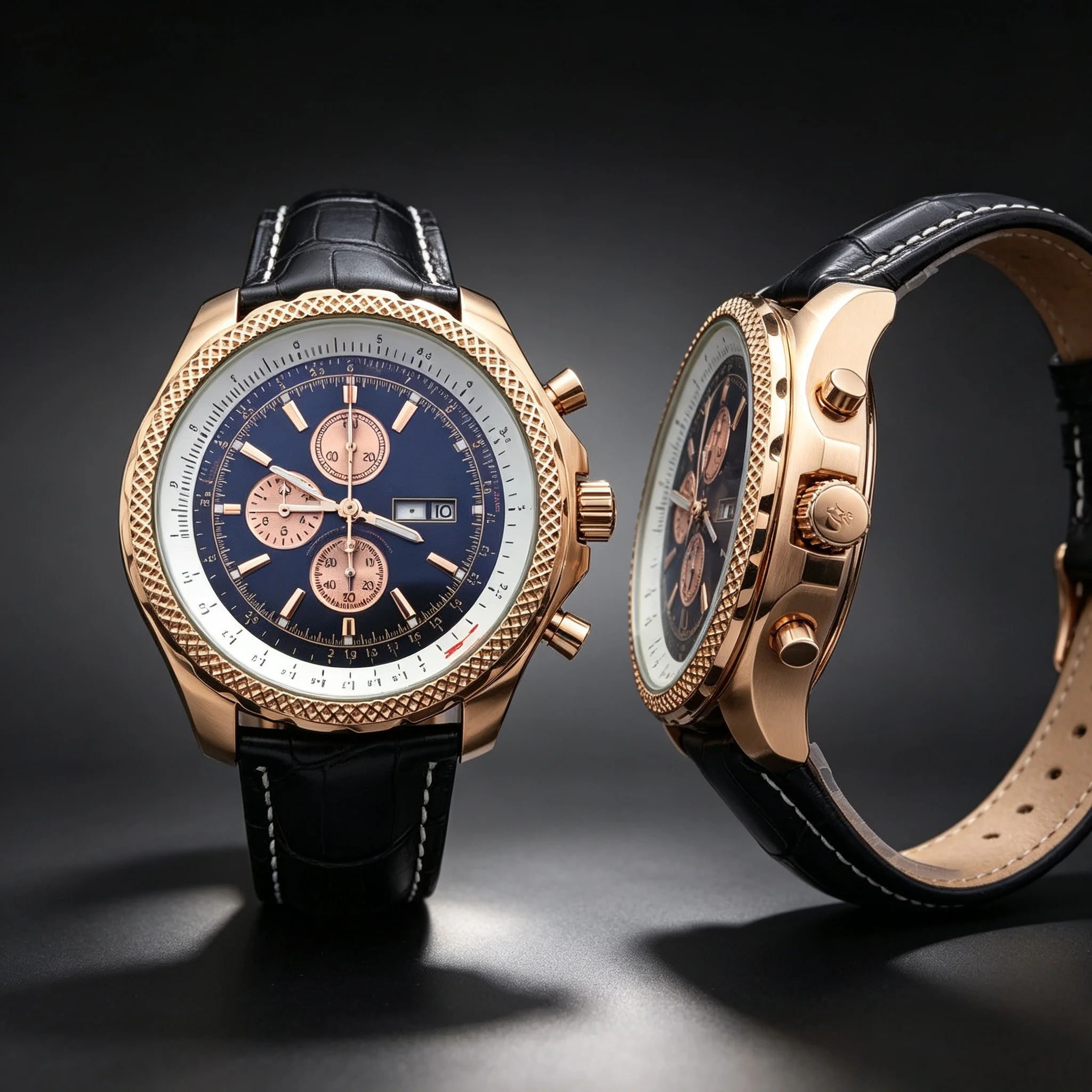 Image of Herren-Chronograph mit großem Zifferblatt, Roségold-Gehäuse, Tachymeter-Skala, Tag- und Datumsanzeige; Vielseitige Uhr für Business und Sport; Erhältlich mit Lederarmband oder Edelstahl-Armband