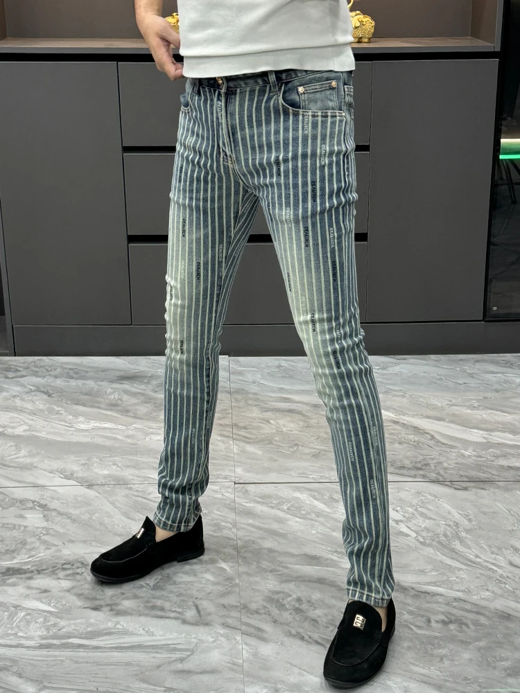 

Fashionable Slim Fit Men's Summer Casual Stripe Denim Jeans Youth Versatile Long Pants Lightweight Comfortable mid Waist Washed