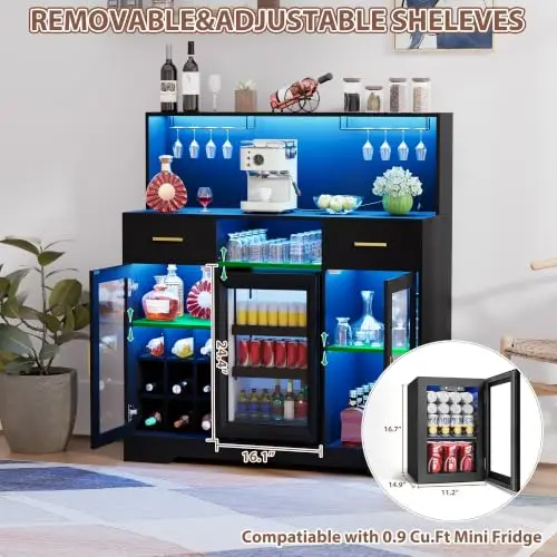 Mini Fridge Cabinet with Storage, Wine Bar Cabinets for Home with LED Light&Power Outlet, Coffee Bar Cabinet with Mini - view 4