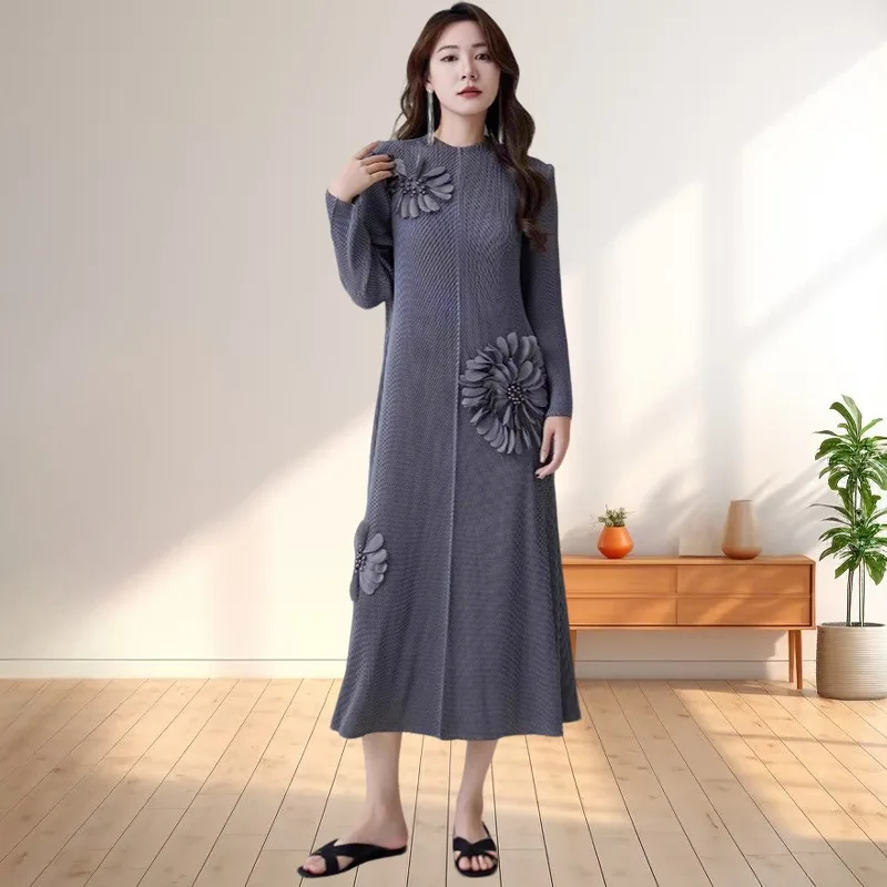 2025 Miyake Plissee-Kleid für Damen, dreidimensionale Perlenblumen, Übergröße, lässig, locker, elegant, langes Kleid, Naher Osten, Abschlussball