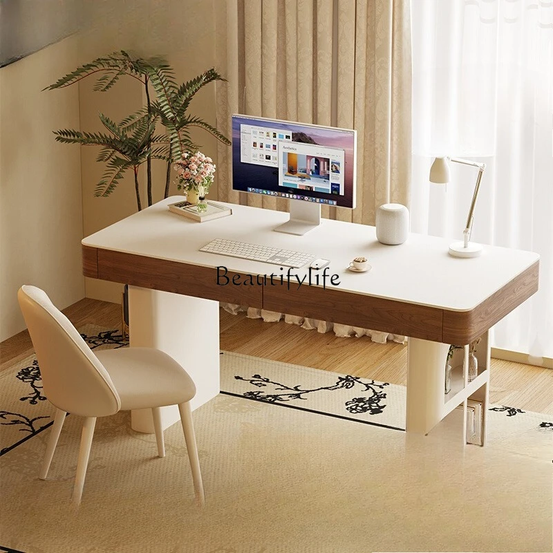 

Vintage Cream Style Rock Board Desk Light Luxury Simple Home Solid Wood Study Computer Desk