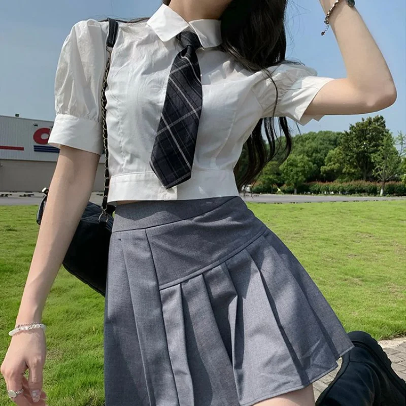 Women White Preppy Style Camisa Crop Tops Y2k Hotsweet Tie Slim Waist Shirts Sexy Short Puff Sleeve Chemises Femme Hotweet