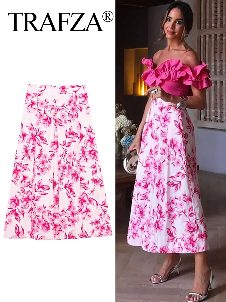 TRAFZA Women Pink Floral Print Skirt High Waist Slim Back Zipper Midi Skirts Elegant Woman Fashion High Street A-Line Skirt TRAF