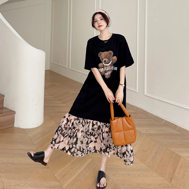 Loose Women's Summer Dr Knee-Length Floral Skirt ort Sve Street Sle Knitted Cotton Polyester H-ape round Ne