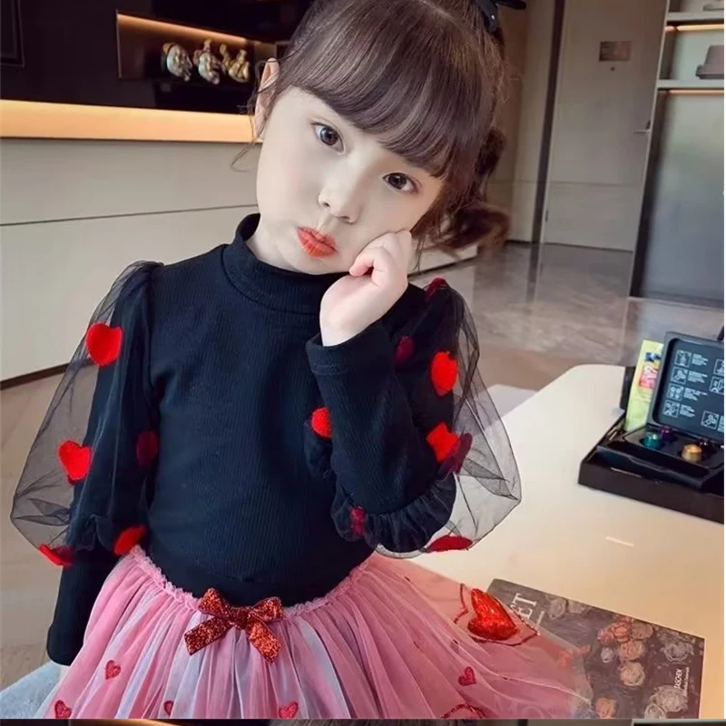 Fashion GirlsTees Puff Long Sleeve Cotton H eart T-shirt Tops Baby Clothes Autumn Pullovers Korean Kids New Children\'s Clothing