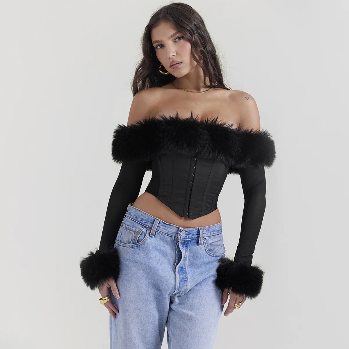 Oligai Long Sleeve Corset Top Faux Fur Collar Bodycon Cropped Top Sexy Black Elegant Off The Shoulder Blouse Women\'s Clothing