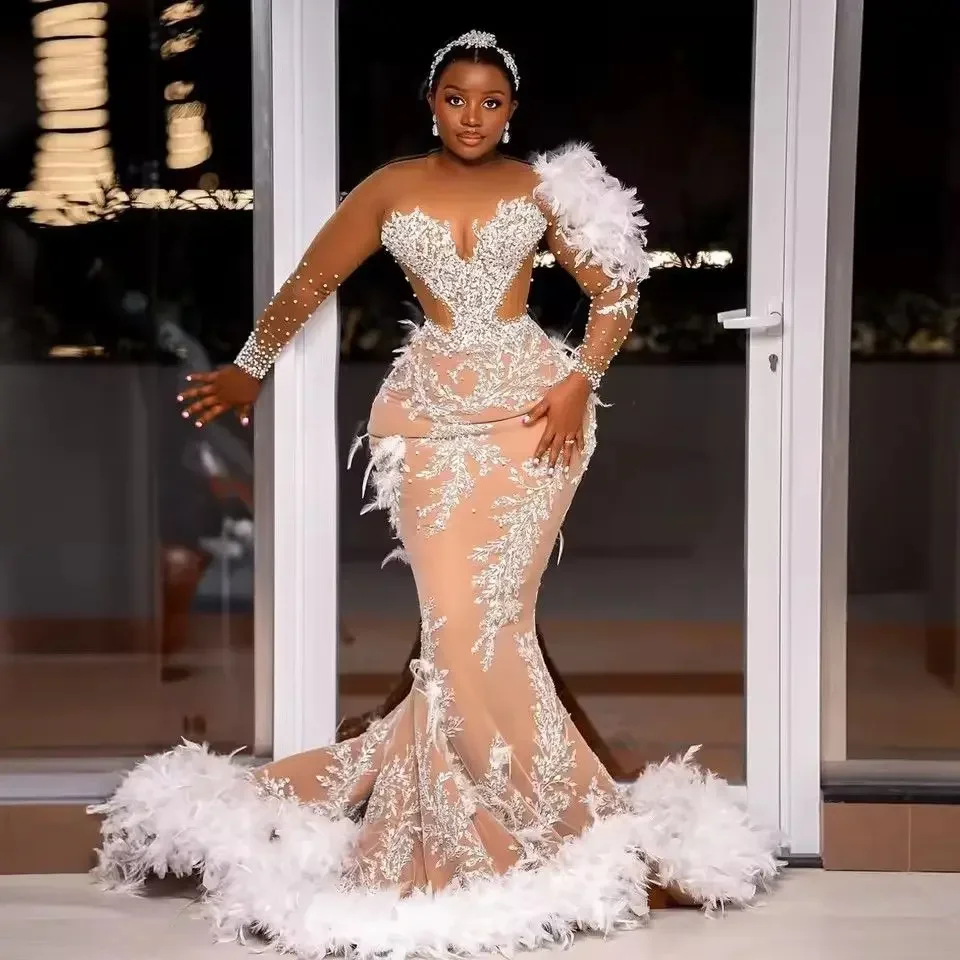 Customized Tradition African Bridal Dress Fantastic Wedding Party Dresses Luxury Feathers Lace Mermaid  Bridal Gowns