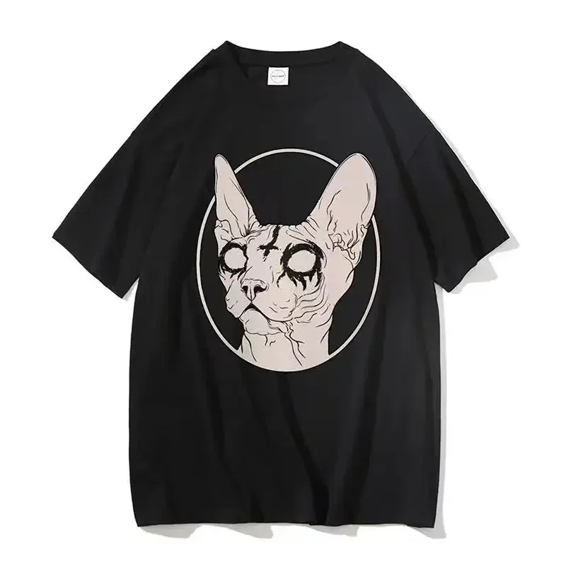 Death metal Sphynx cat witchy tops fashion Gothic tshirt steampunk hipster unisex trend shirt short-sleeved tee 2024 New in