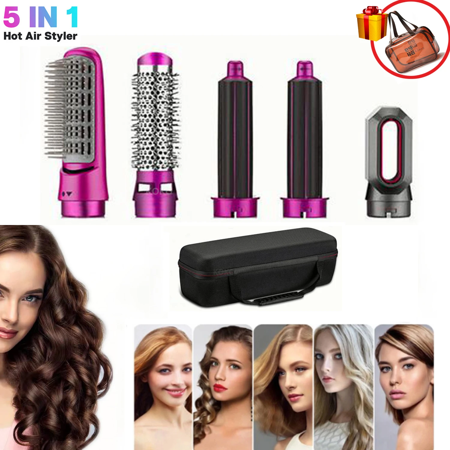 Hair Dryer 5 In 1 Kit Hair Curler Brush Electric Hair Comb Negative Ion Straightener Blow Dryer Curling Wand Detachable Brush