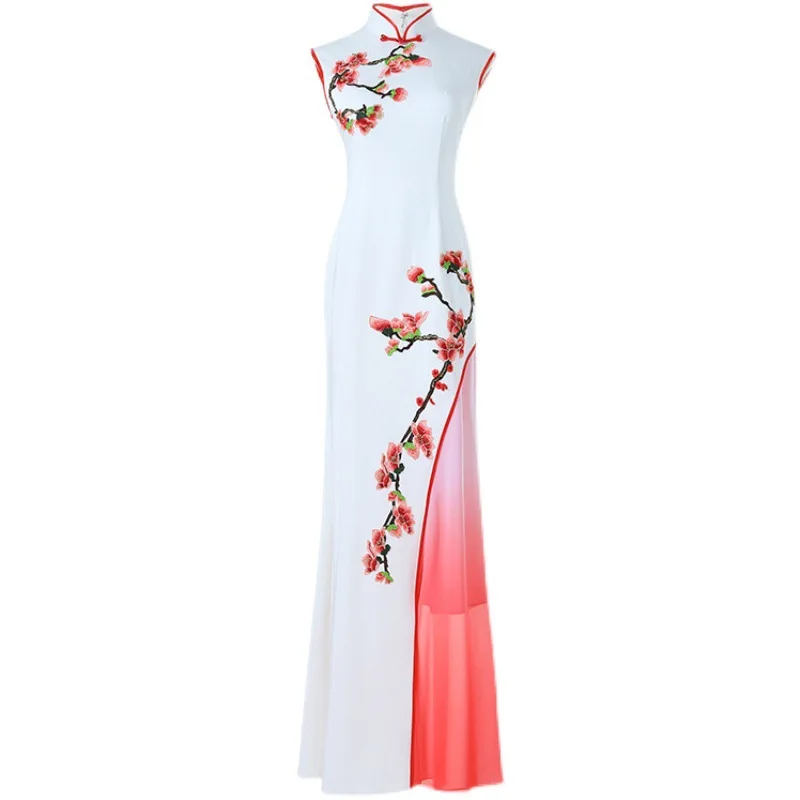 White Sexy Satin Chinese Dresses Gown Women Large Size Slim Qipao Long Sequins Evening Party Cheongsam Elegant Vestidos