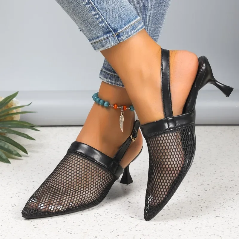 Women\'s Sandals Summer New Medium Heel Pointed Head Mesh Buckle Slippers Casual Comfortable Breathable Stiletto Sandals