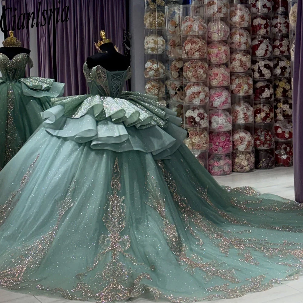 Sage Green Quinceanera Dresses Ball Gown Strapless Sweet 16 Vestido de 15 Anos Gold Sequins Sparkly Puffy Prom Dress